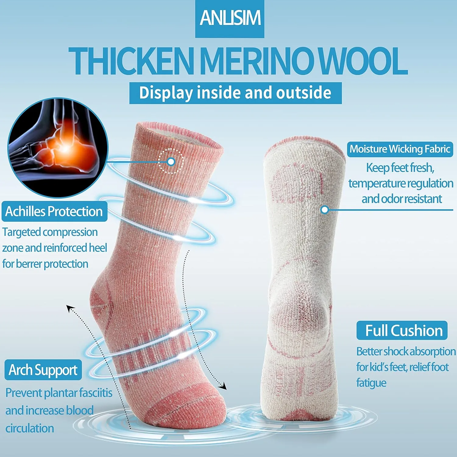 Anlisim Kids Merino Wool Hiking Socks Boys Girls Toddlers Thermal Winter Warm Boot Thick Cushion Snowboarding Socks