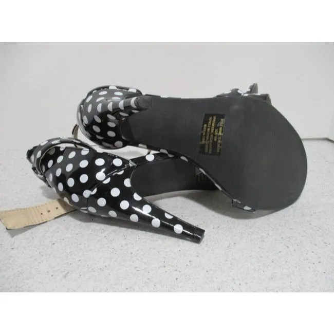Ashley Stewart Black And White Retro Teresa Vegan Polka Dot Ankle Strap Heels Pumps Size Us