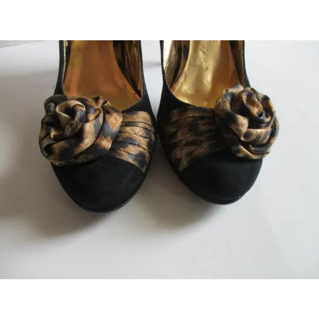 Beverly Feldman Black And Gold Leopard Soft Brushed Suede Pumps Size Us