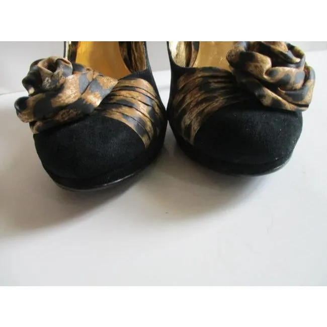 Beverly Feldman Black And Gold Leopard Soft Brushed Suede Pumps Size Us