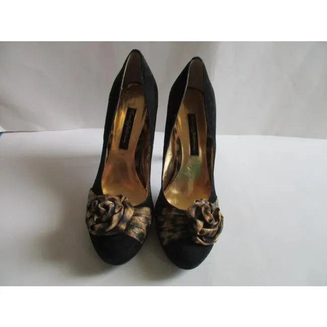 Beverly Feldman Black And Gold Leopard Soft Brushed Suede Pumps Size Us