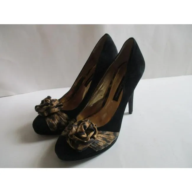 Beverly Feldman Black And Gold Leopard Soft Brushed Suede Pumps Size Us