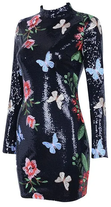 Butterfly & Floral-Embroidered Sequined Mini Dress - Black or Pink