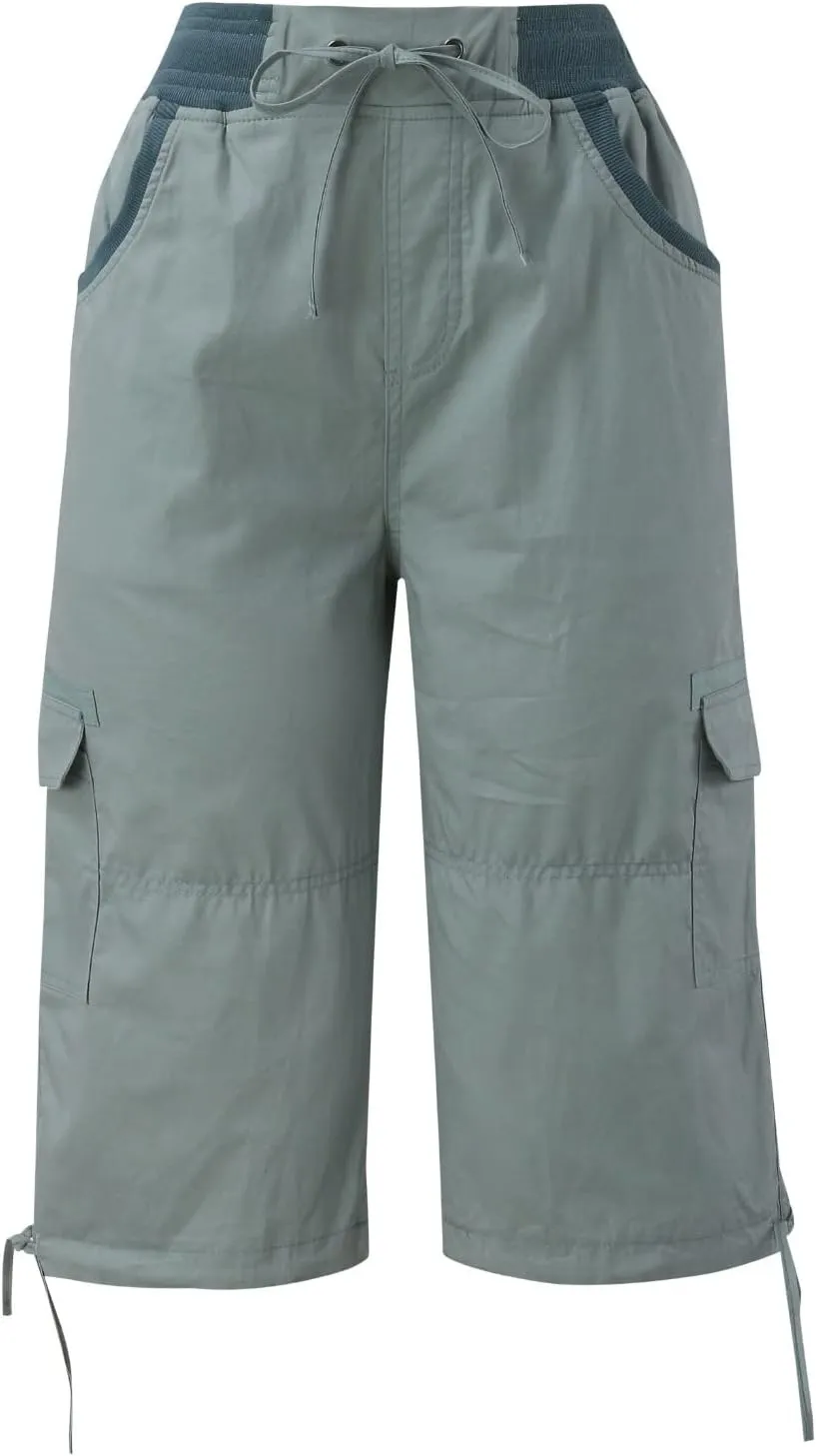 Cargo Casual Pants Women Summer Outdoor Tactical Workout Sweatpants Waist Drawstring Cropped Pants with Multi Pockets