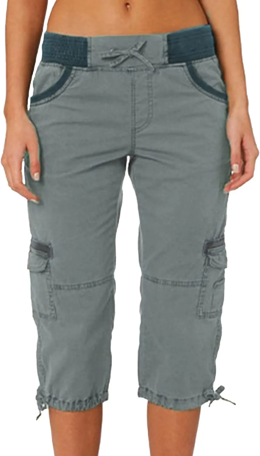 Cargo Casual Pants Women Summer Outdoor Tactical Workout Sweatpants Waist Drawstring Cropped Pants with Multi Pockets