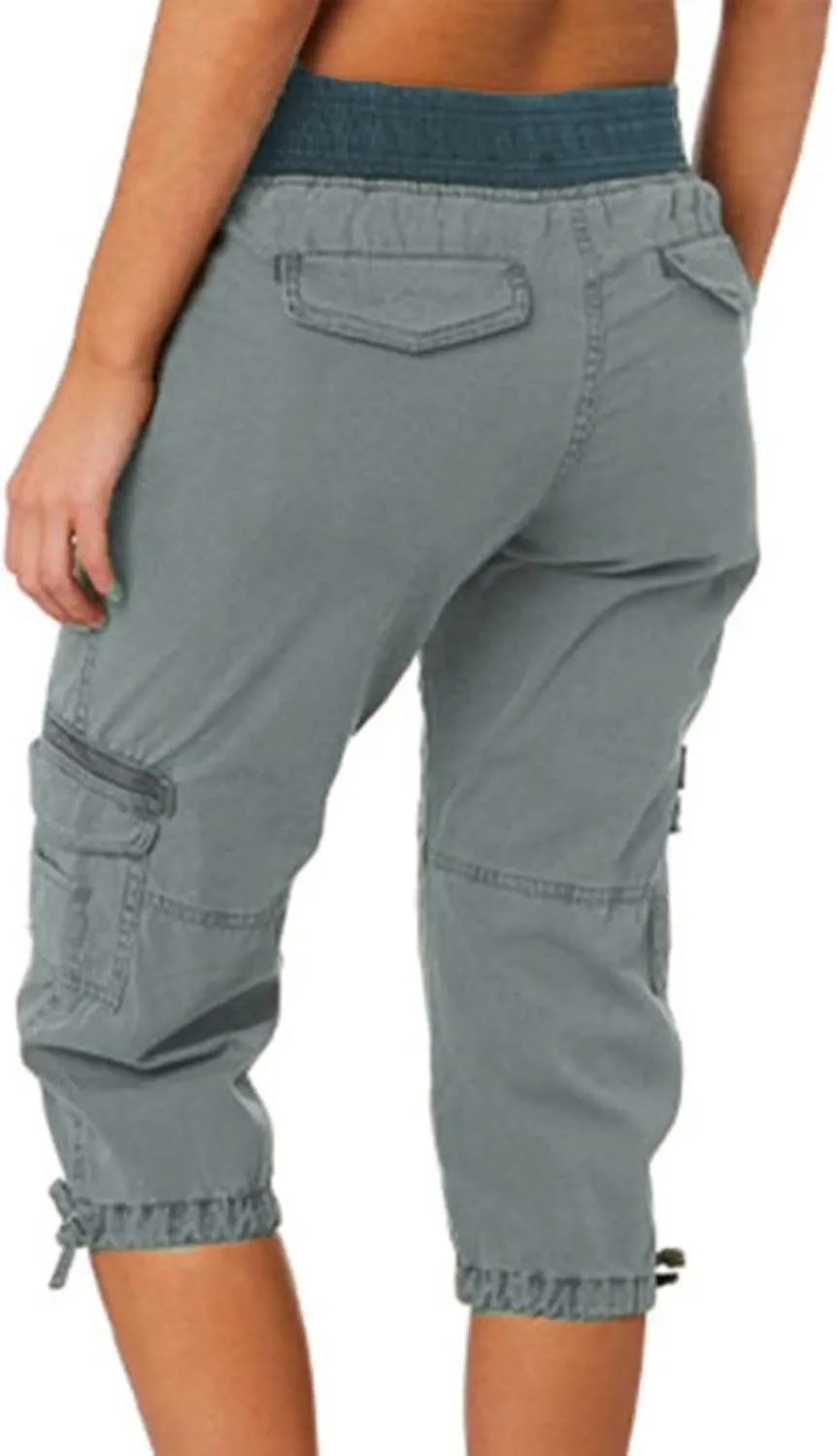 Cargo Casual Pants Women Summer Outdoor Tactical Workout Sweatpants Waist Drawstring Cropped Pants with Multi Pockets