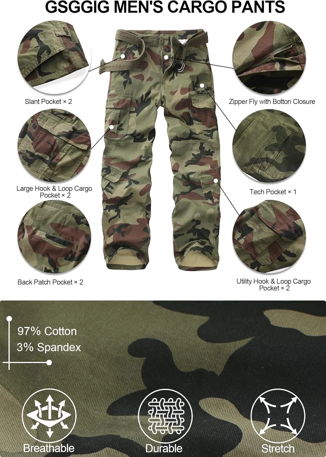 Cargo Pants for Men Camo Hiking Pants Work Casual Pants with Multi Pocket