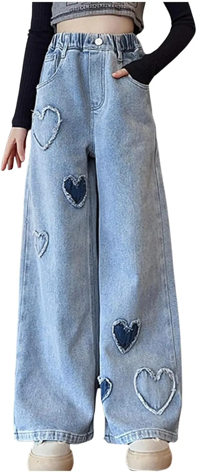 Children Kids Casual Ripped Jeans Wide Straight Leg Elastic Mid Waisted Baggy Trousers Summer Fashion Trendy Denim Pants