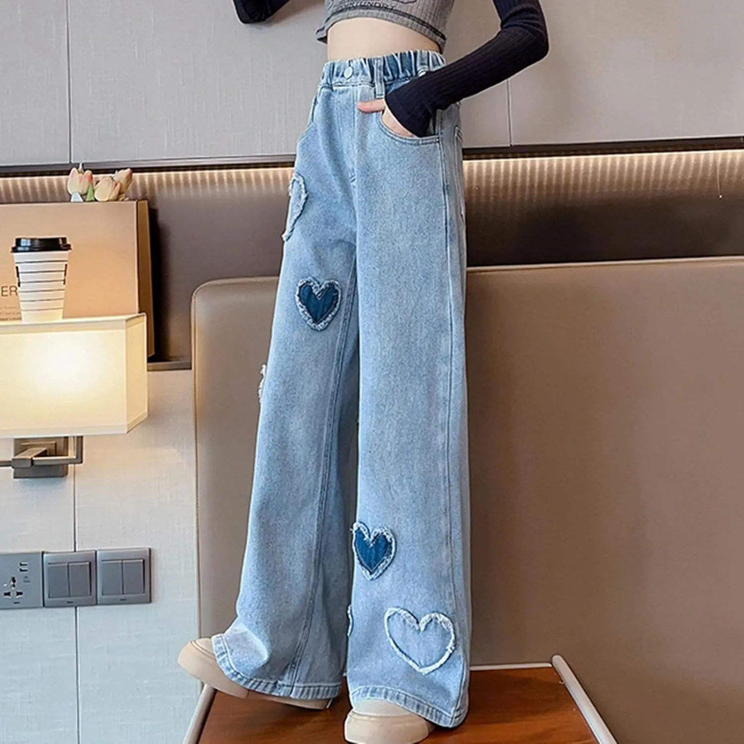 Children Kids Casual Ripped Jeans Wide Straight Leg Elastic Mid Waisted Baggy Trousers Summer Fashion Trendy Denim Pants