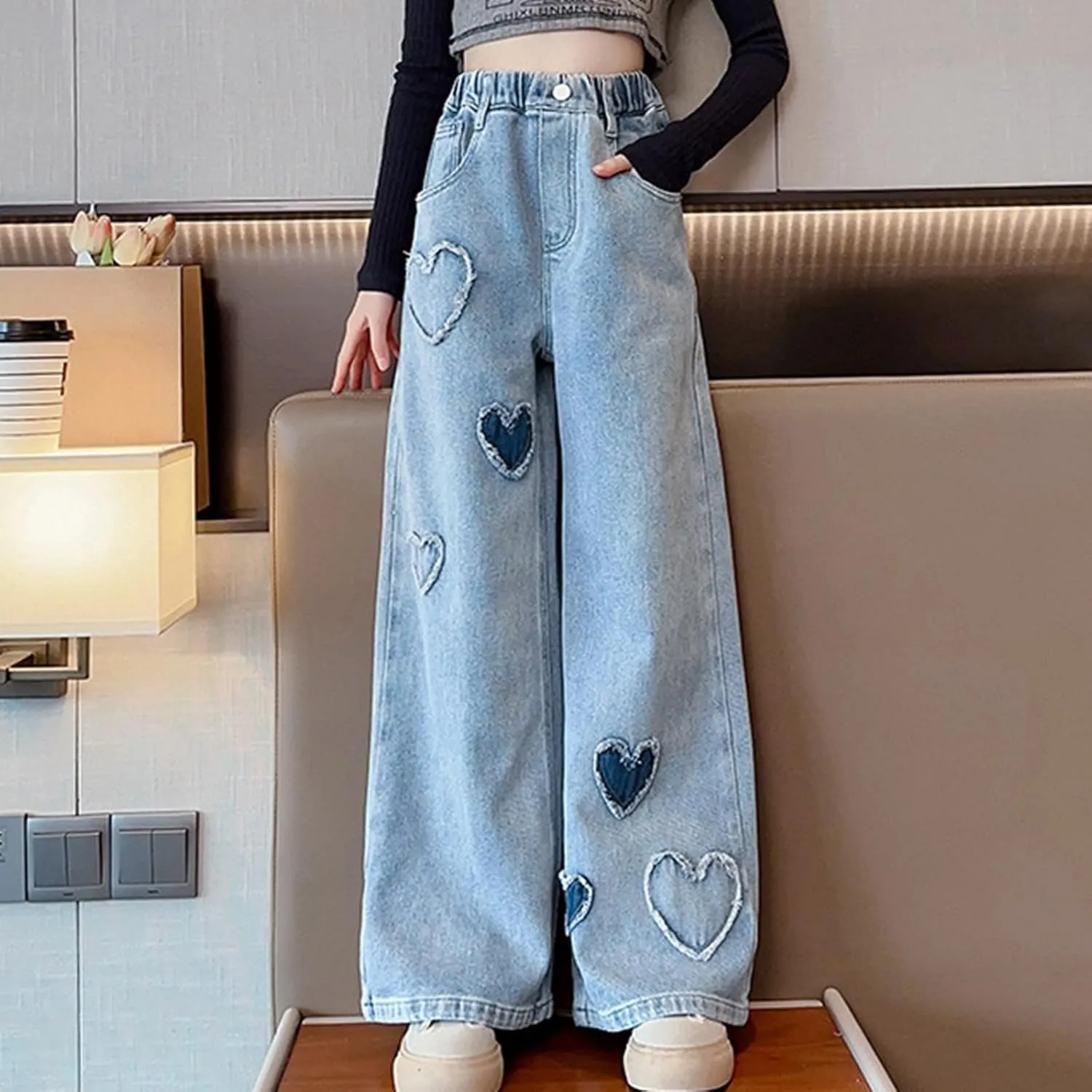 Children Kids Casual Ripped Jeans Wide Straight Leg Elastic Mid Waisted Baggy Trousers Summer Fashion Trendy Denim Pants