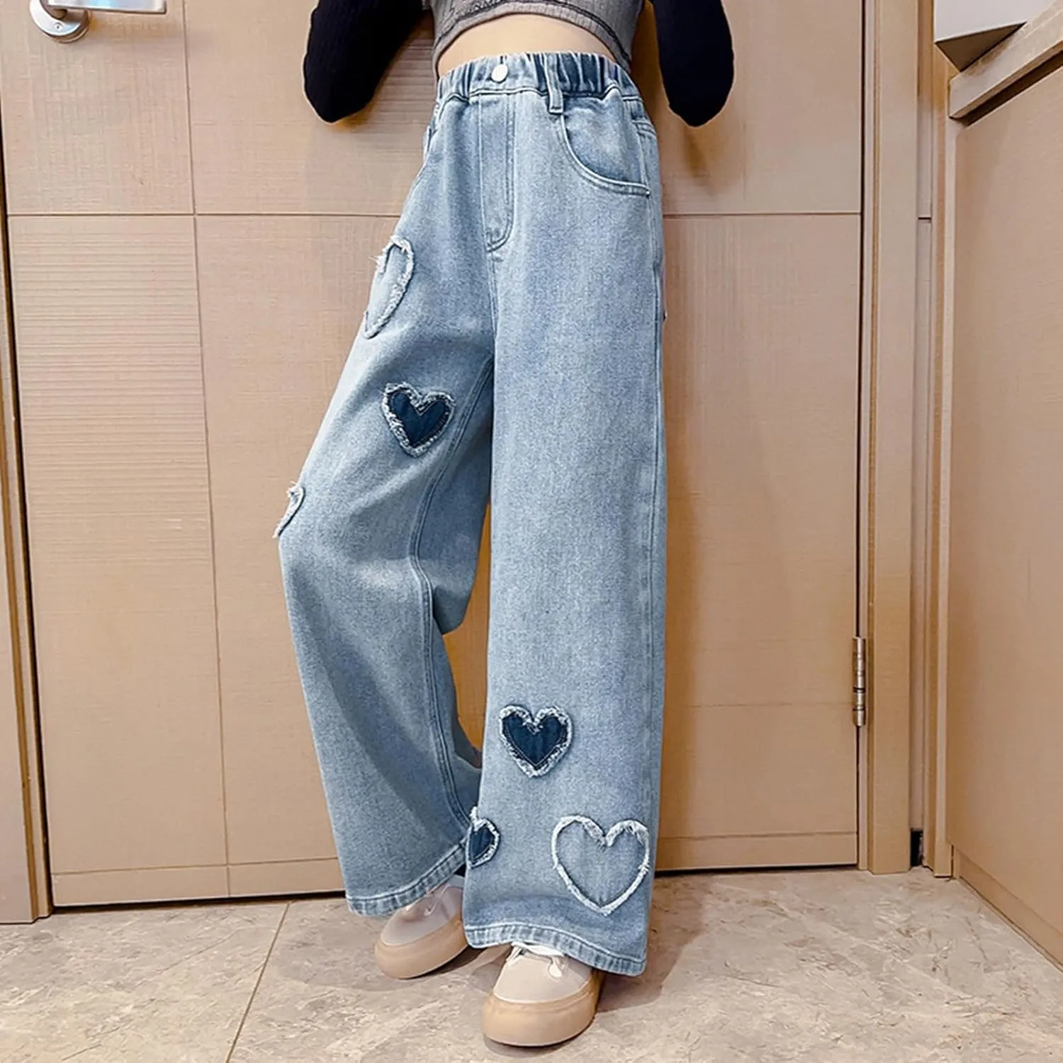 Children Kids Casual Ripped Jeans Wide Straight Leg Elastic Mid Waisted Baggy Trousers Summer Fashion Trendy Denim Pants