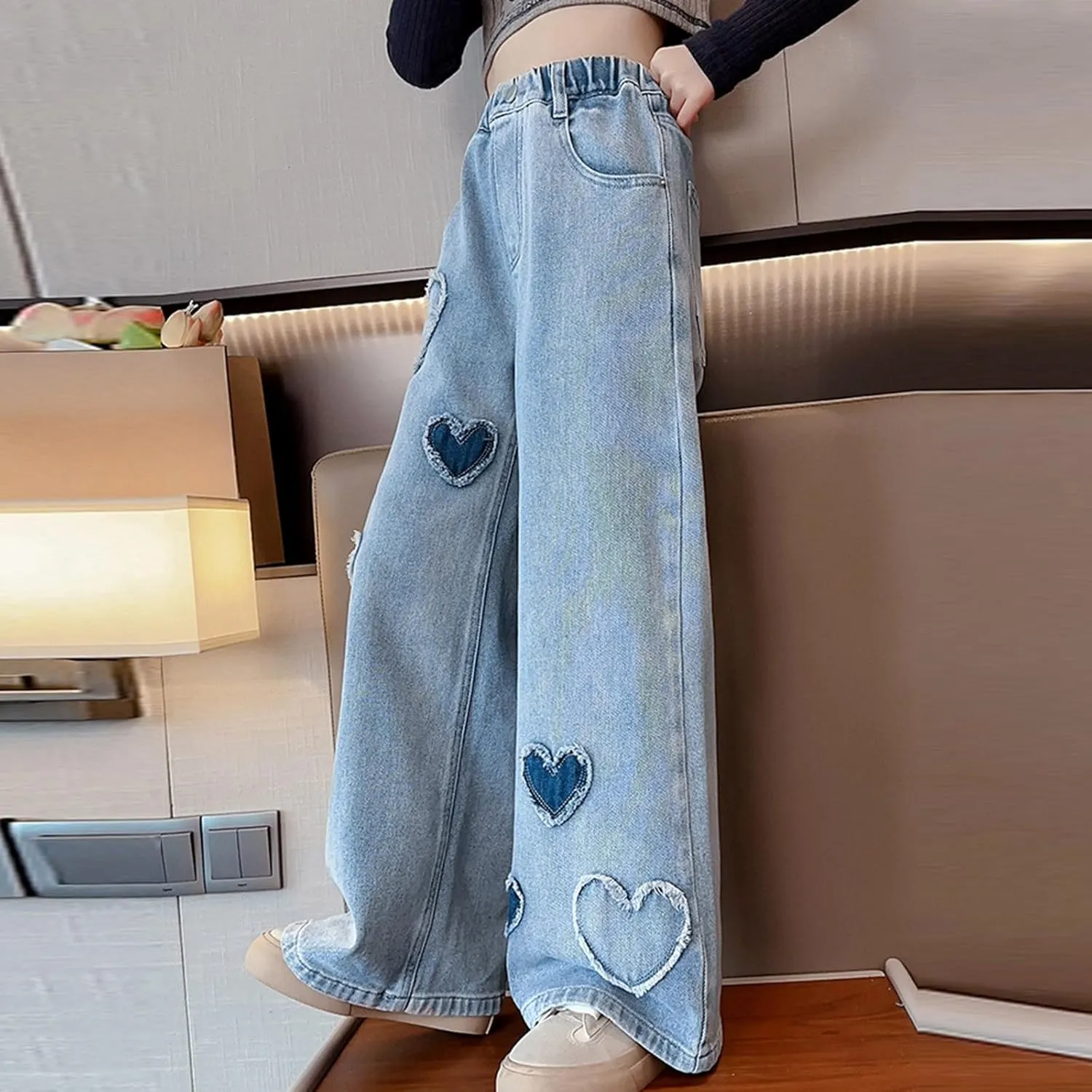 Children Kids Casual Ripped Jeans Wide Straight Leg Elastic Mid Waisted Baggy Trousers Summer Fashion Trendy Denim Pants