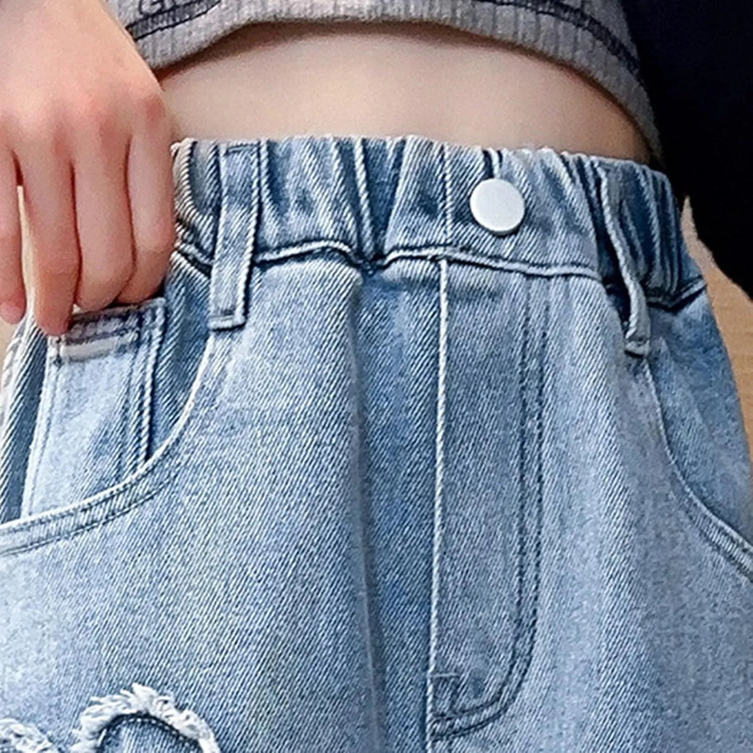 Children Kids Casual Ripped Jeans Wide Straight Leg Elastic Mid Waisted Baggy Trousers Summer Fashion Trendy Denim Pants