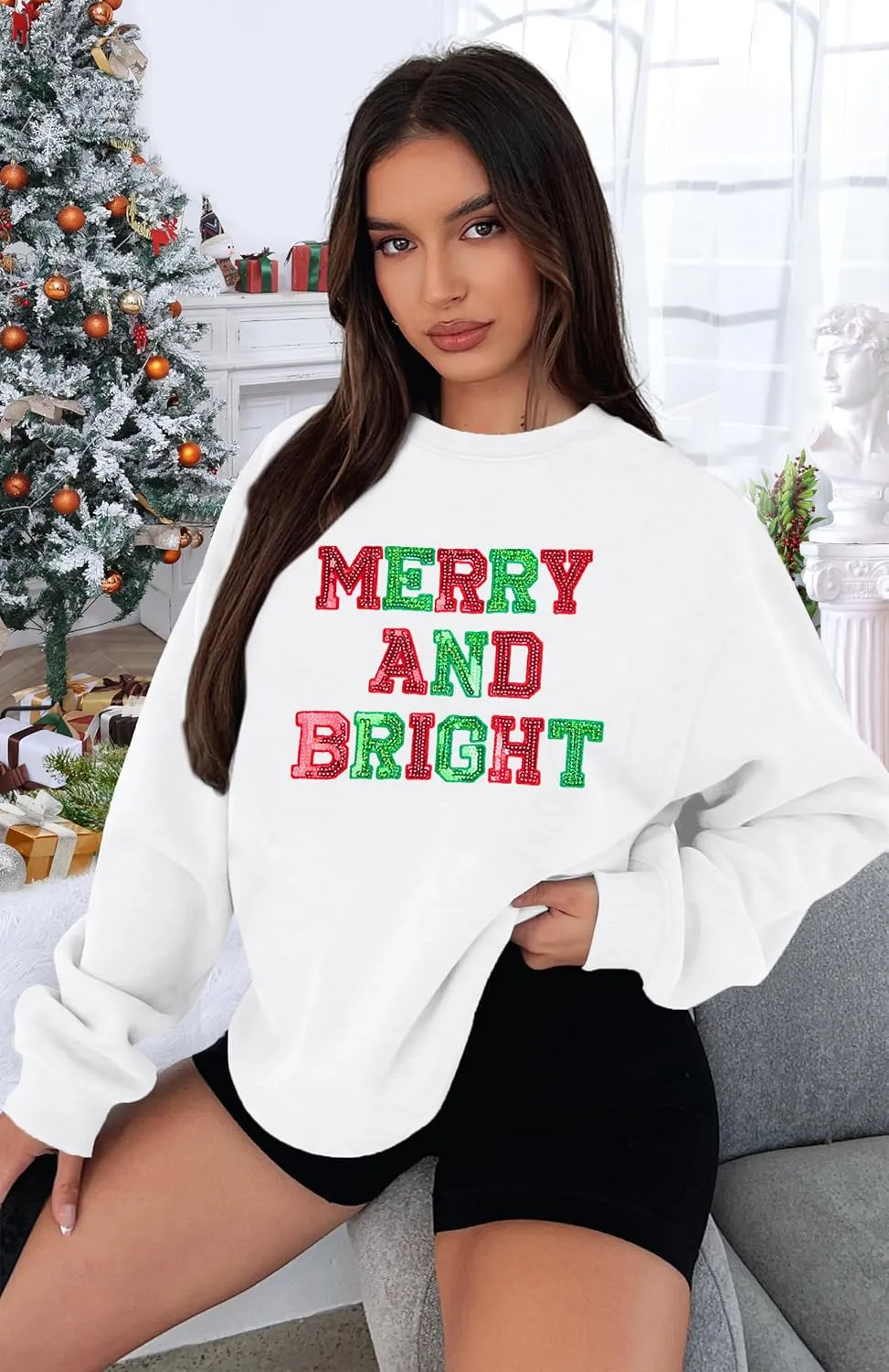 Christmas Sweatshirt Women Oversized Merry and Bright Sequin Shirt Xmas Gift Sweaters Christmas Vacation Long Sleeve Tops
