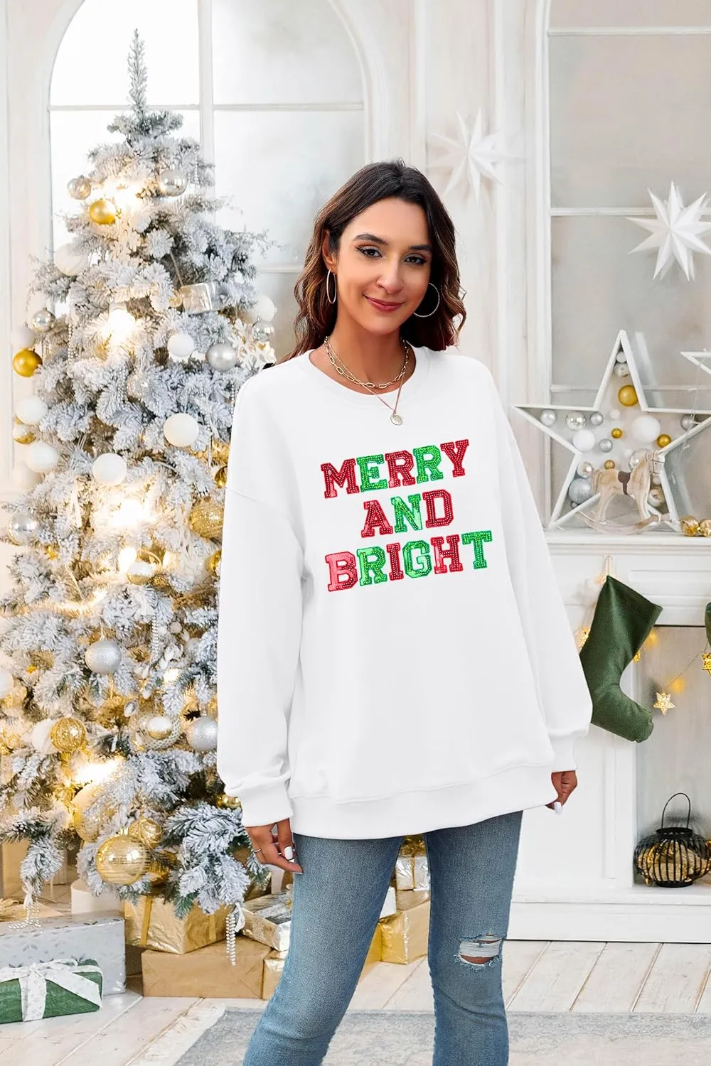 Christmas Sweatshirt Women Oversized Merry and Bright Sequin Shirt Xmas Gift Sweaters Christmas Vacation Long Sleeve Tops