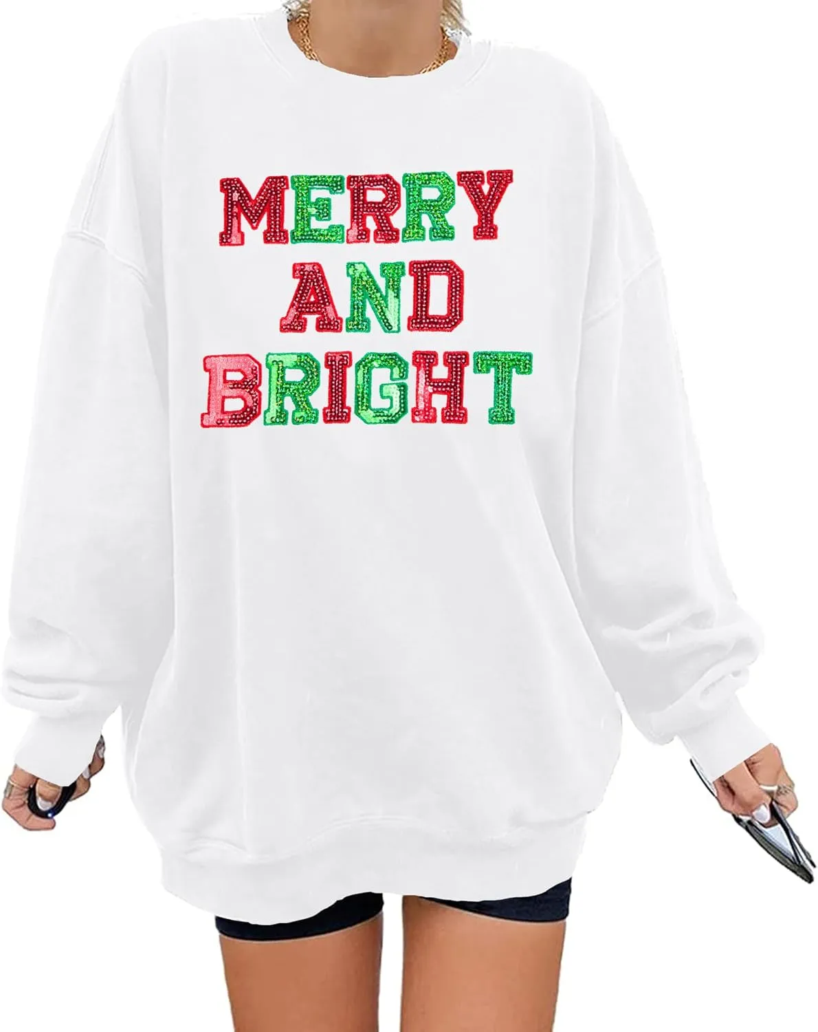 Christmas Sweatshirt Women Oversized Merry and Bright Sequin Shirt Xmas Gift Sweaters Christmas Vacation Long Sleeve Tops