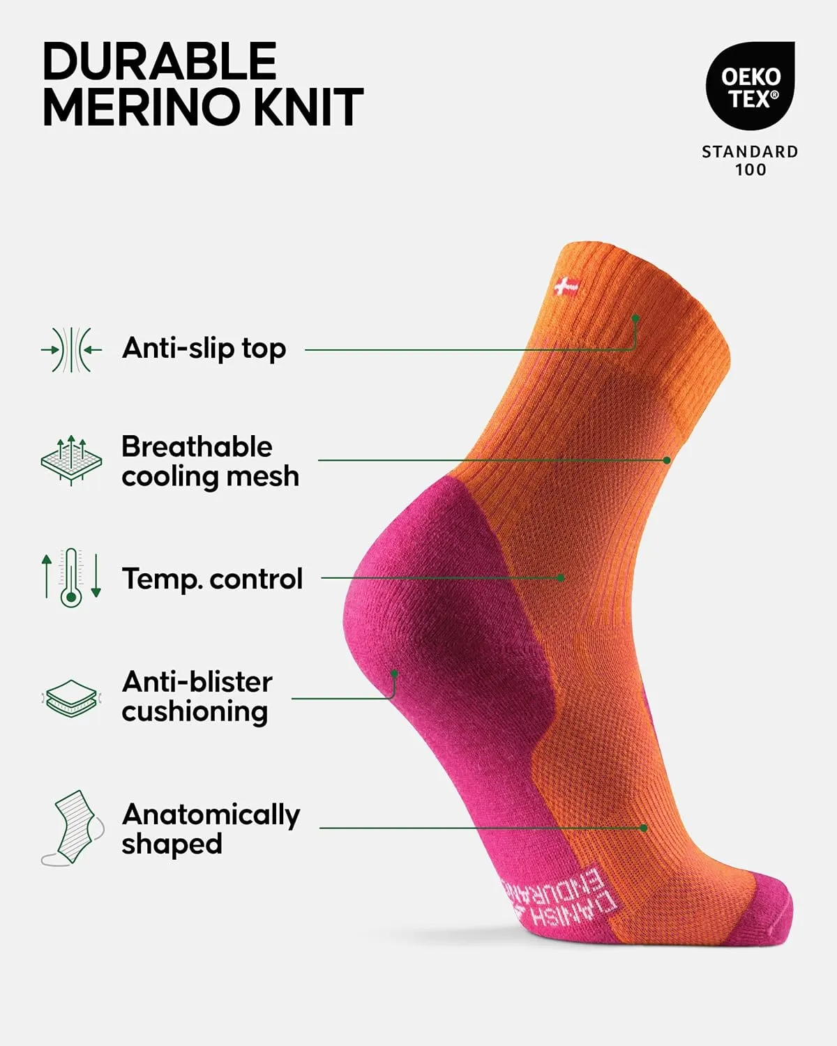 DANISH ENDURANCE Hiking Socks, Lightweight, Merino Wool Socks for Men & Women, Moisture Wicking Crew Socks, 1 Pack