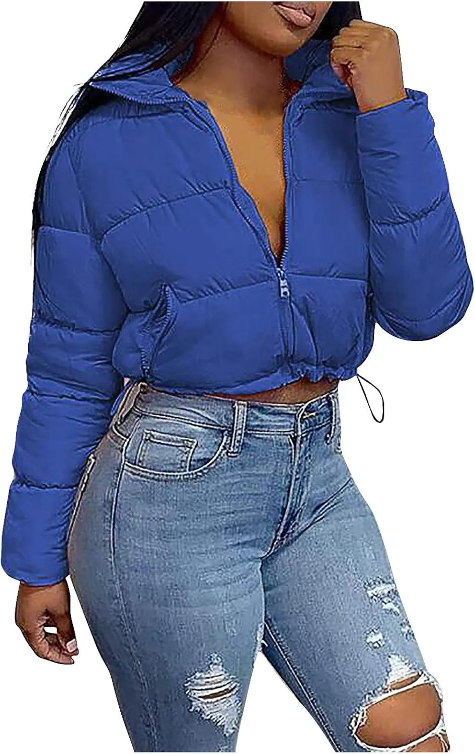 DASAYO Women's Stand Neck Puffy Quilted Jacket Thicken Bubble Puffer Padded Full Zip Waist Drawcord Short Down Coats