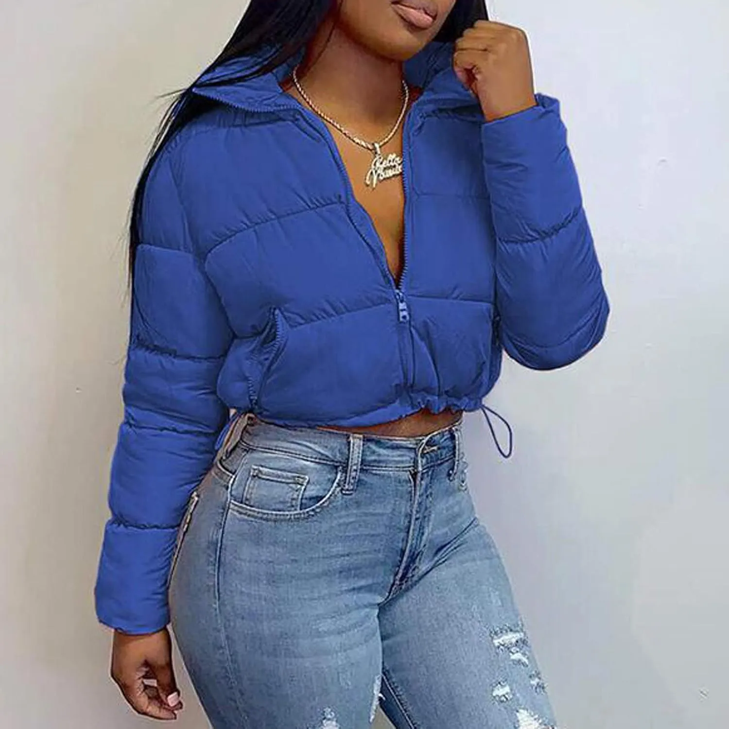 DASAYO Women's Stand Neck Puffy Quilted Jacket Thicken Bubble Puffer Padded Full Zip Waist Drawcord Short Down Coats