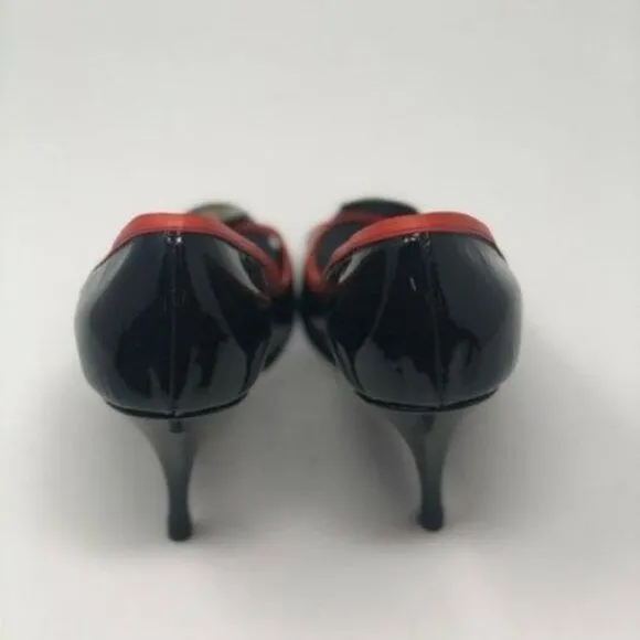 Fendi Black Red Gold Coin Accent Open Toe Heels