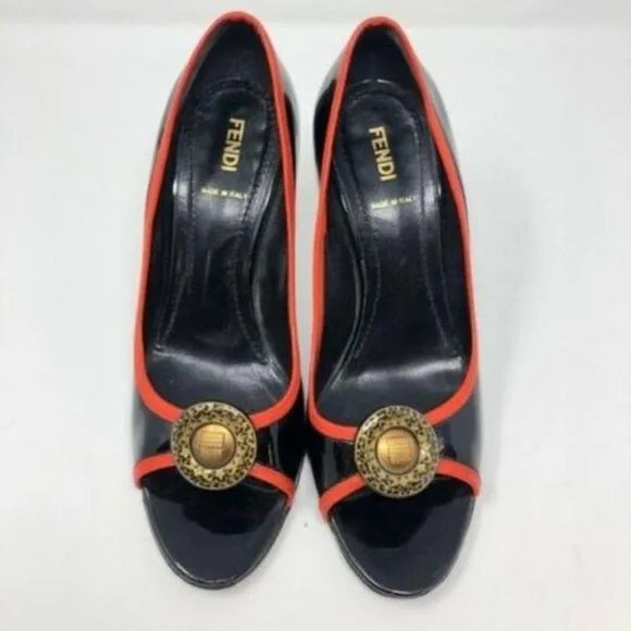 Fendi Black Red Gold Coin Accent Open Toe Heels