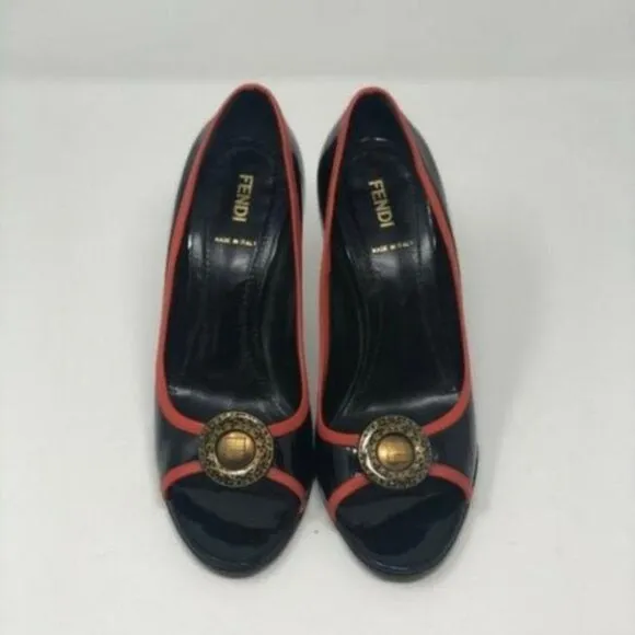 Fendi Black Red Gold Coin Accent Open Toe Heels