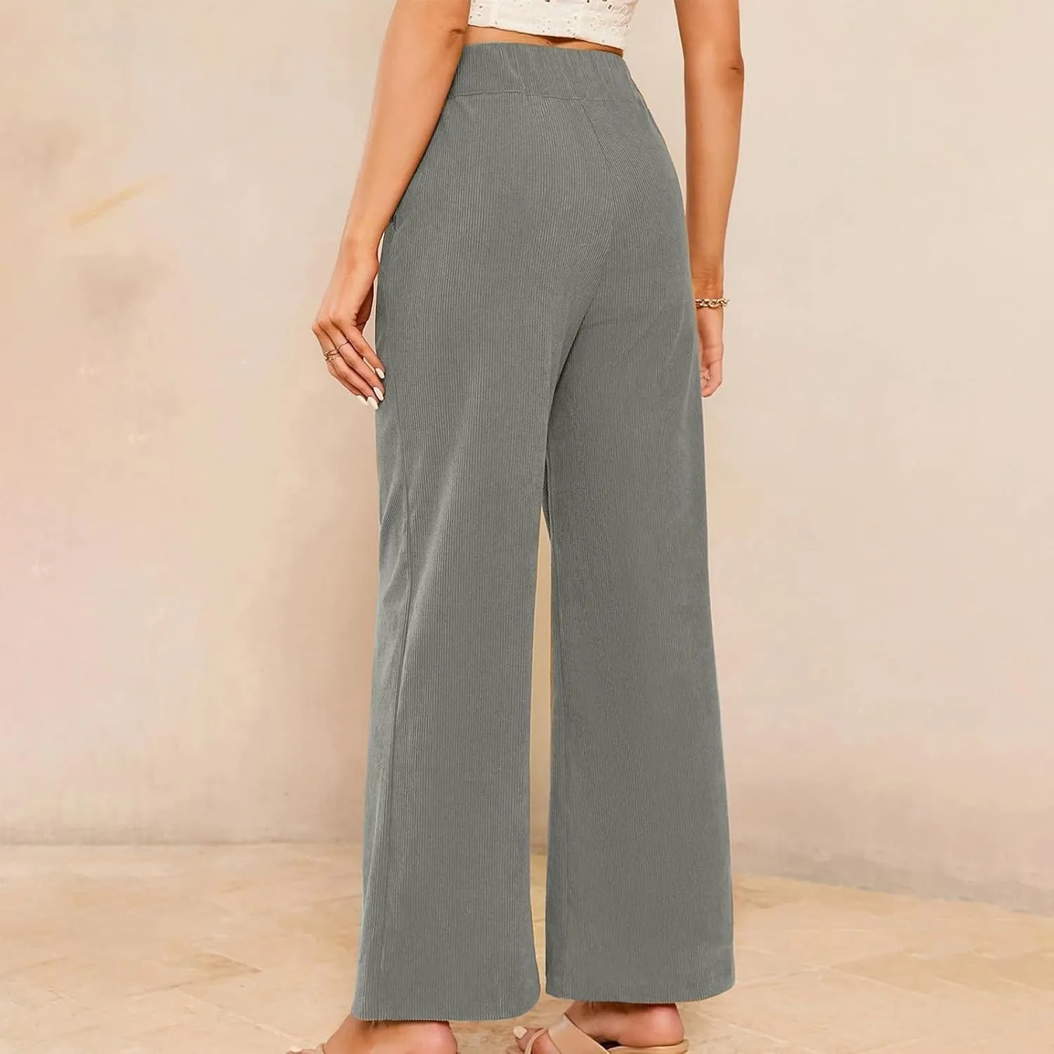 Gumipy Women Corduroy Pants High Waisted Wide Leg Pants Comfy Lounge Pants with Pockets Fall Stretchy Straight Leg Trousers