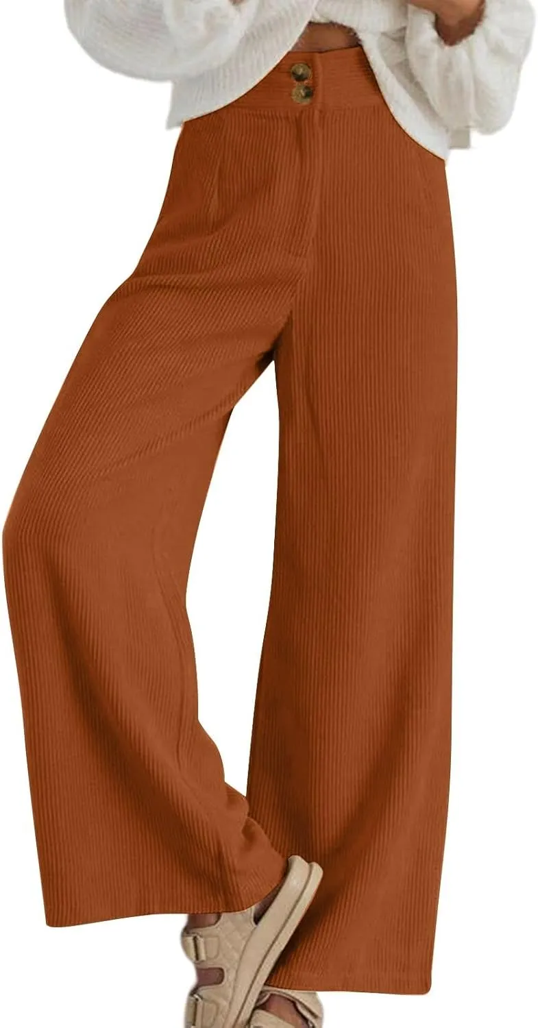 Gumipy Women Corduroy Pants High Waisted Wide Leg Pants Comfy Lounge Pants with Pockets Fall Stretchy Straight Leg Trousers