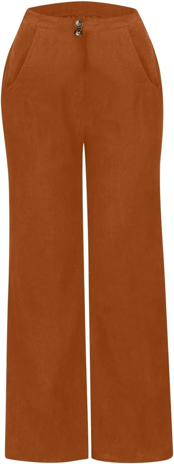 Gumipy Women Corduroy Pants High Waisted Wide Leg Pants Comfy Lounge Pants with Pockets Fall Stretchy Straight Leg Trousers