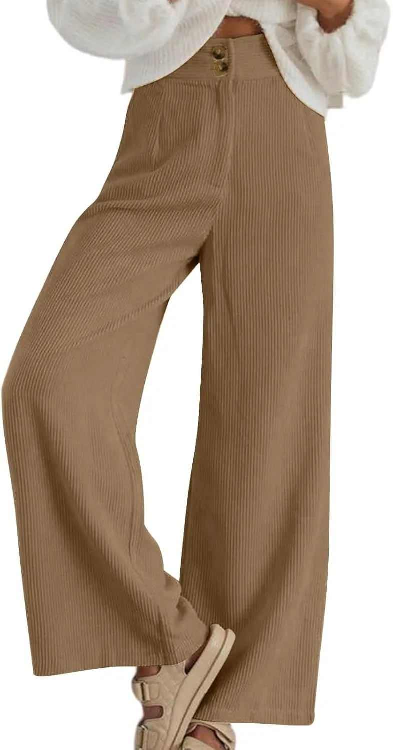 Gumipy Women Corduroy Pants High Waisted Wide Leg Pants Comfy Lounge Pants with Pockets Fall Stretchy Straight Leg Trousers