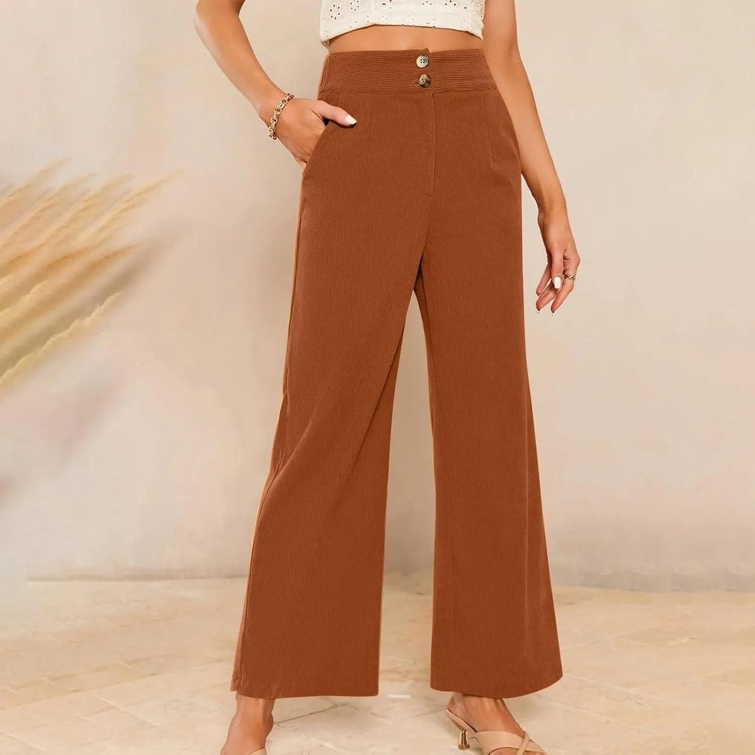 Gumipy Women Corduroy Pants High Waisted Wide Leg Pants Comfy Lounge Pants with Pockets Fall Stretchy Straight Leg Trousers