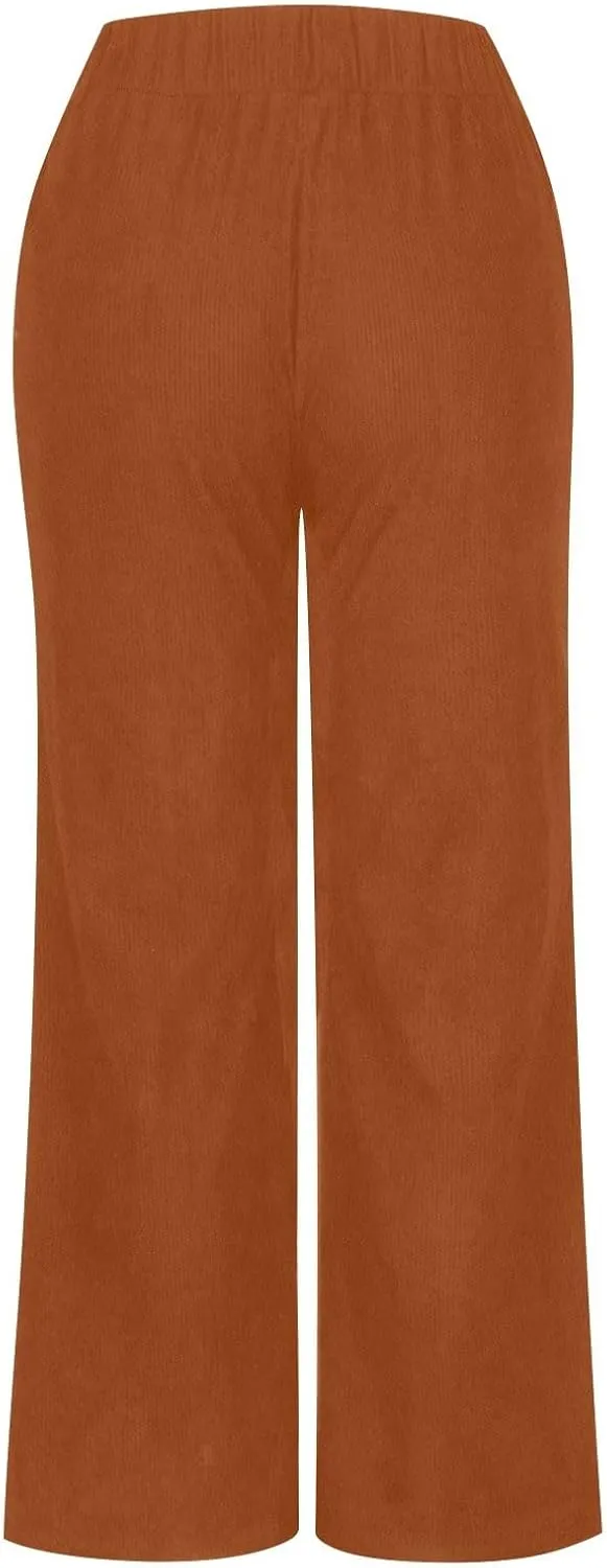 Gumipy Women Corduroy Pants High Waisted Wide Leg Pants Comfy Lounge Pants with Pockets Fall Stretchy Straight Leg Trousers