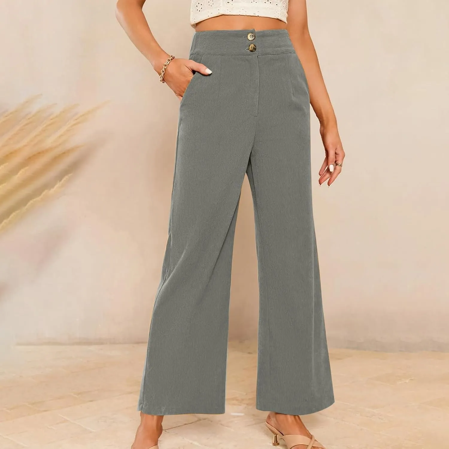 Gumipy Women Corduroy Pants High Waisted Wide Leg Pants Comfy Lounge Pants with Pockets Fall Stretchy Straight Leg Trousers