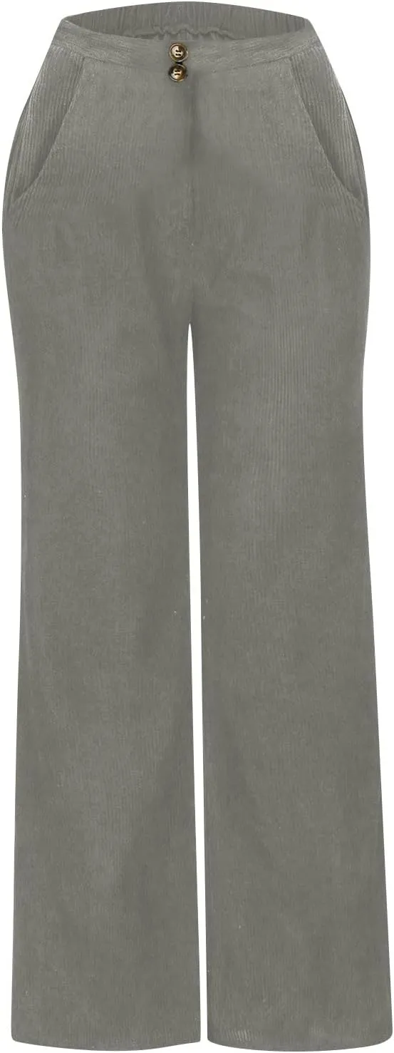 Gumipy Women Corduroy Pants High Waisted Wide Leg Pants Comfy Lounge Pants with Pockets Fall Stretchy Straight Leg Trousers