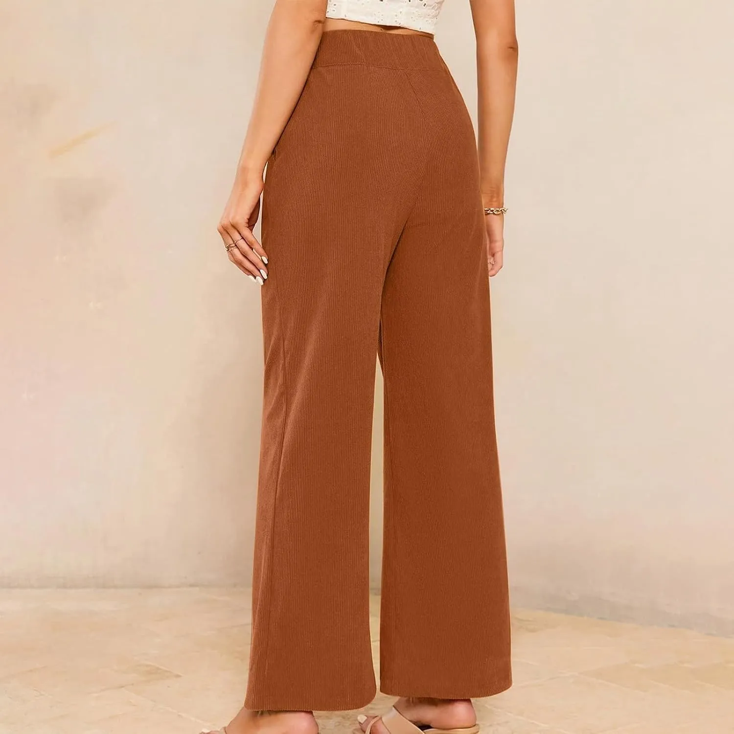 Gumipy Women Corduroy Pants High Waisted Wide Leg Pants Comfy Lounge Pants with Pockets Fall Stretchy Straight Leg Trousers