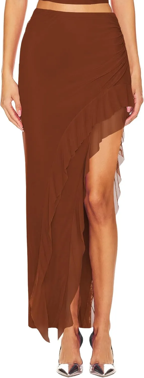 Lrady Women's Mesh Ruched Flowy Beach Skirt Stretchy High Waisted High Low Asymmetrical Ruffle Long Skirts