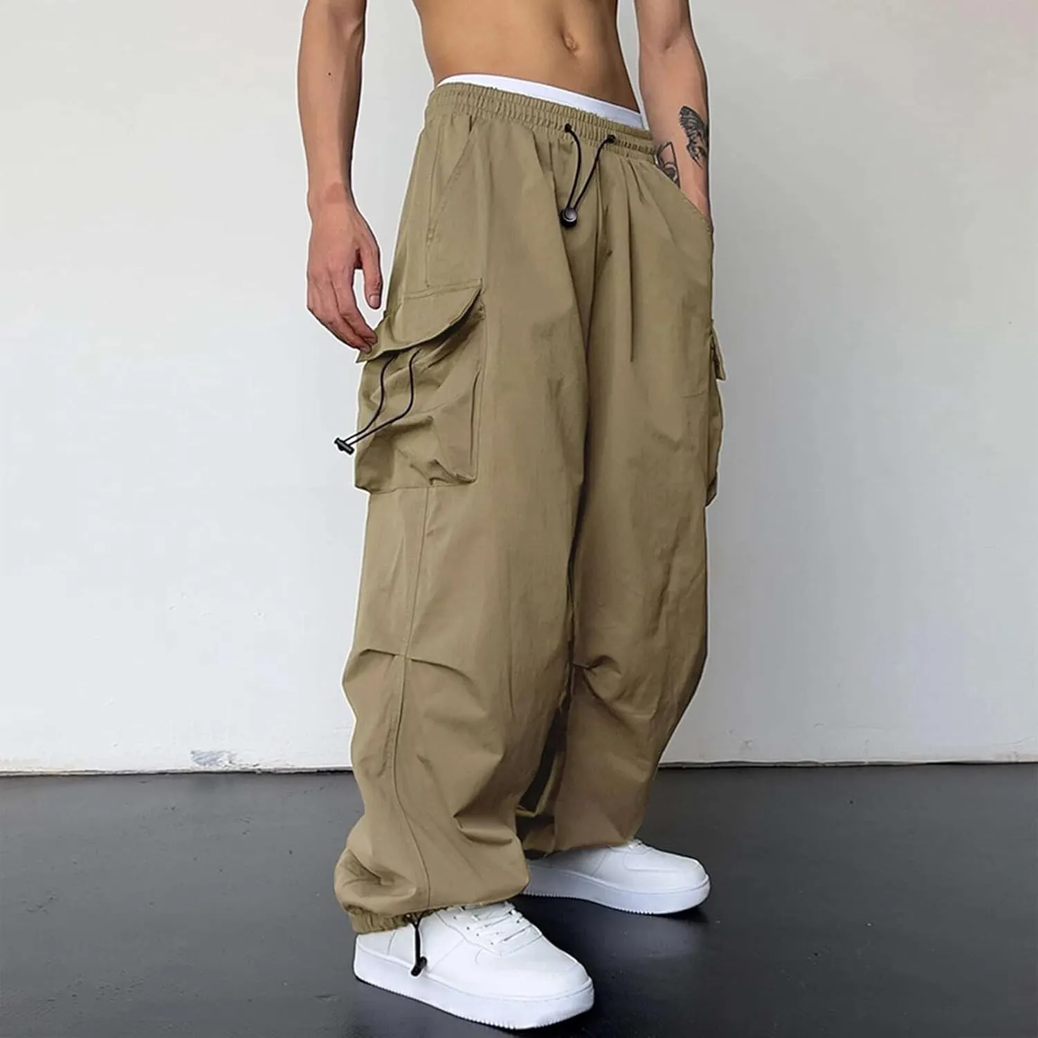 Mens Baggy Cargo Pants Trendy Casual Parachute Pants Loose Fit Harem Joggers for Streetwear Y2k Clothes with Pockets