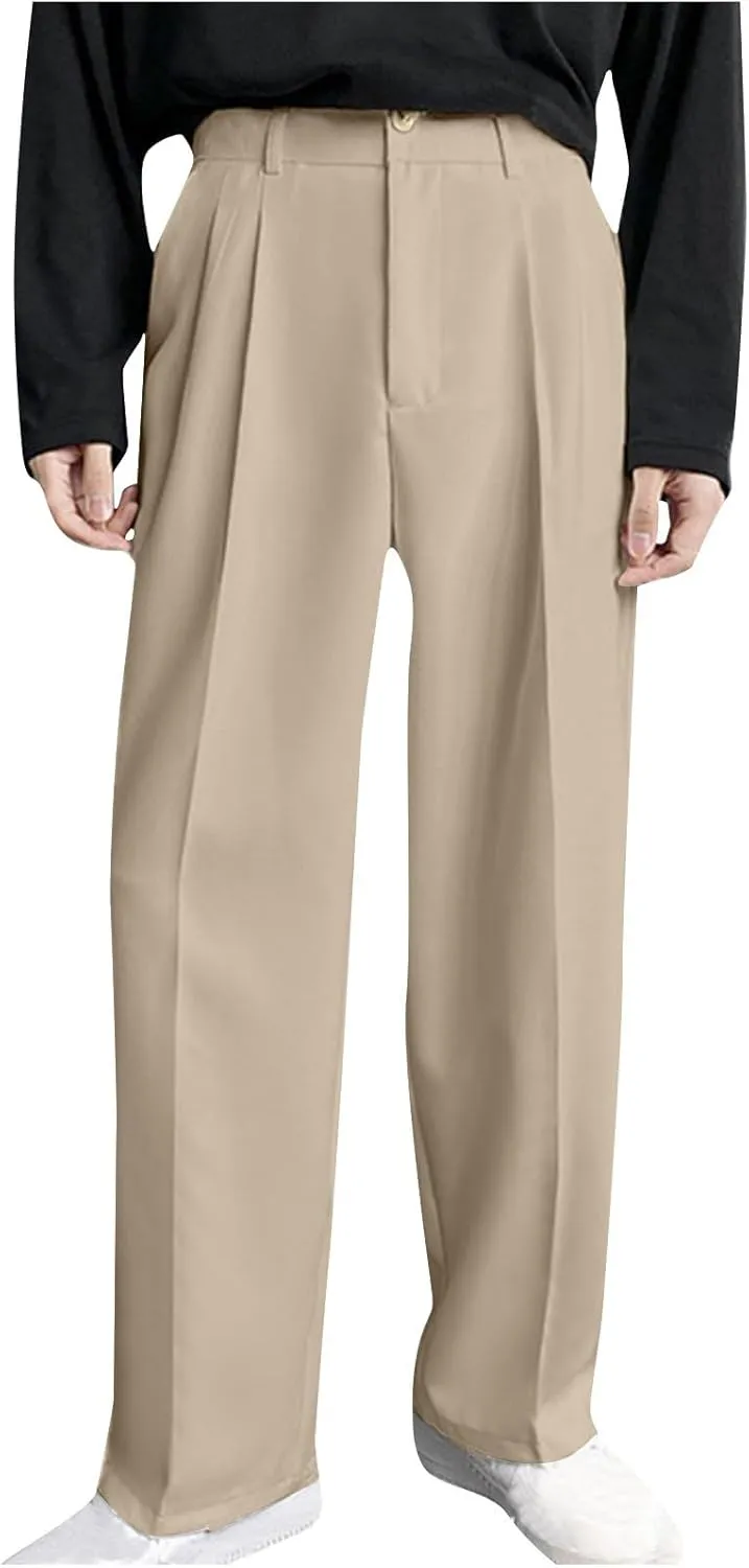 Men's Casual Business Pants Loose Pleated Dress Pants High Waisted Button Straight Wide Leg Suit Pants Work Trousers