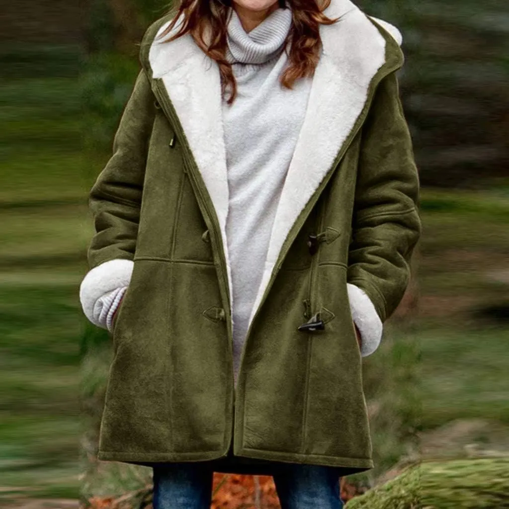 SHAOBGE Warm Jackets Size Plus Coat Horn Plus Long Solid Buckle Overcoat Sleeve Pocket Women Winter Velvet Women's Jacket