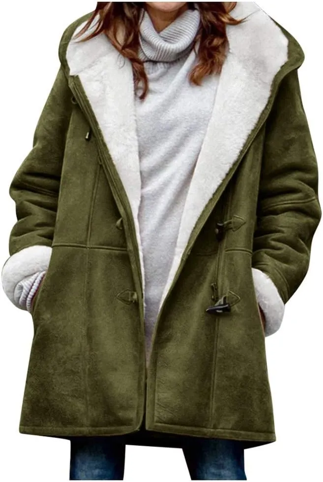 SHAOBGE Warm Jackets Size Plus Coat Horn Plus Long Solid Buckle Overcoat Sleeve Pocket Women Winter Velvet Women's Jacket