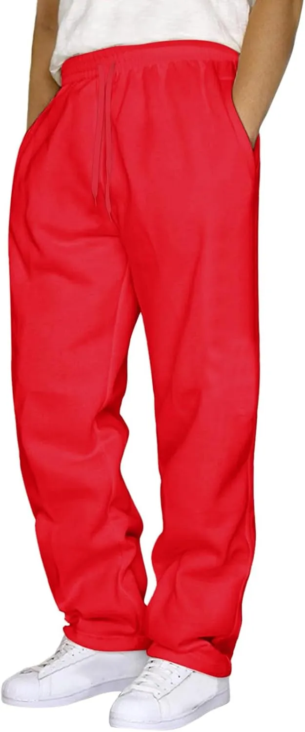 Straight Leg Sweatpants for Men Solid Casual Drawstring Elastic Waist Pants Loose Fit Comfort Trousers with Pockets