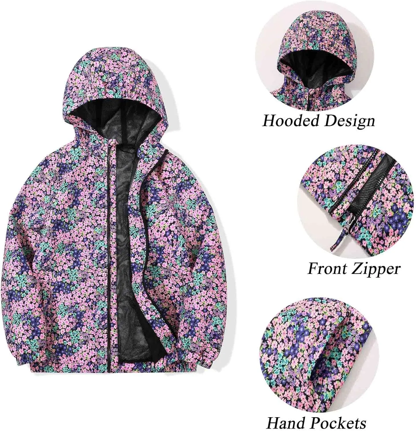 SUNDAY ROSE Girls Windbreaker Jackets Lightweight Water Resistant Coat Outwear with Hooded for Kids