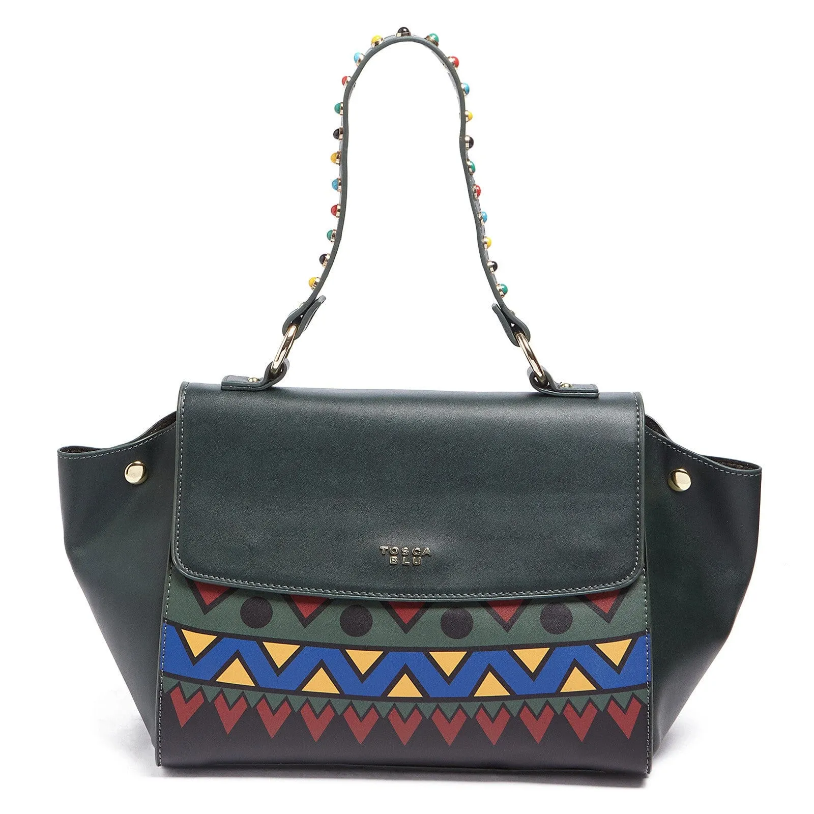 Tosca Blu Forest Green Medium Multicolor Bead Flap Shoulder Bag