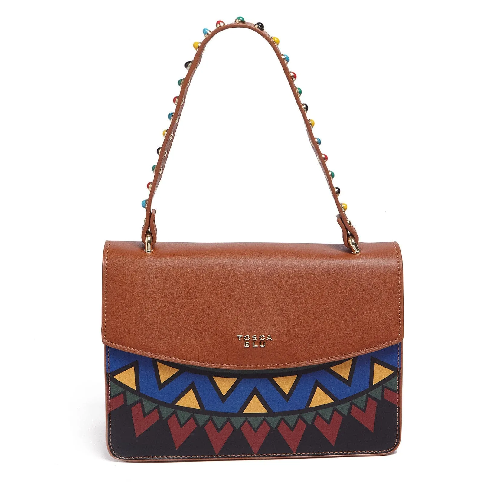 Tosca Blu Tan Medium Multicolor Bead Flap Shoulder Bag