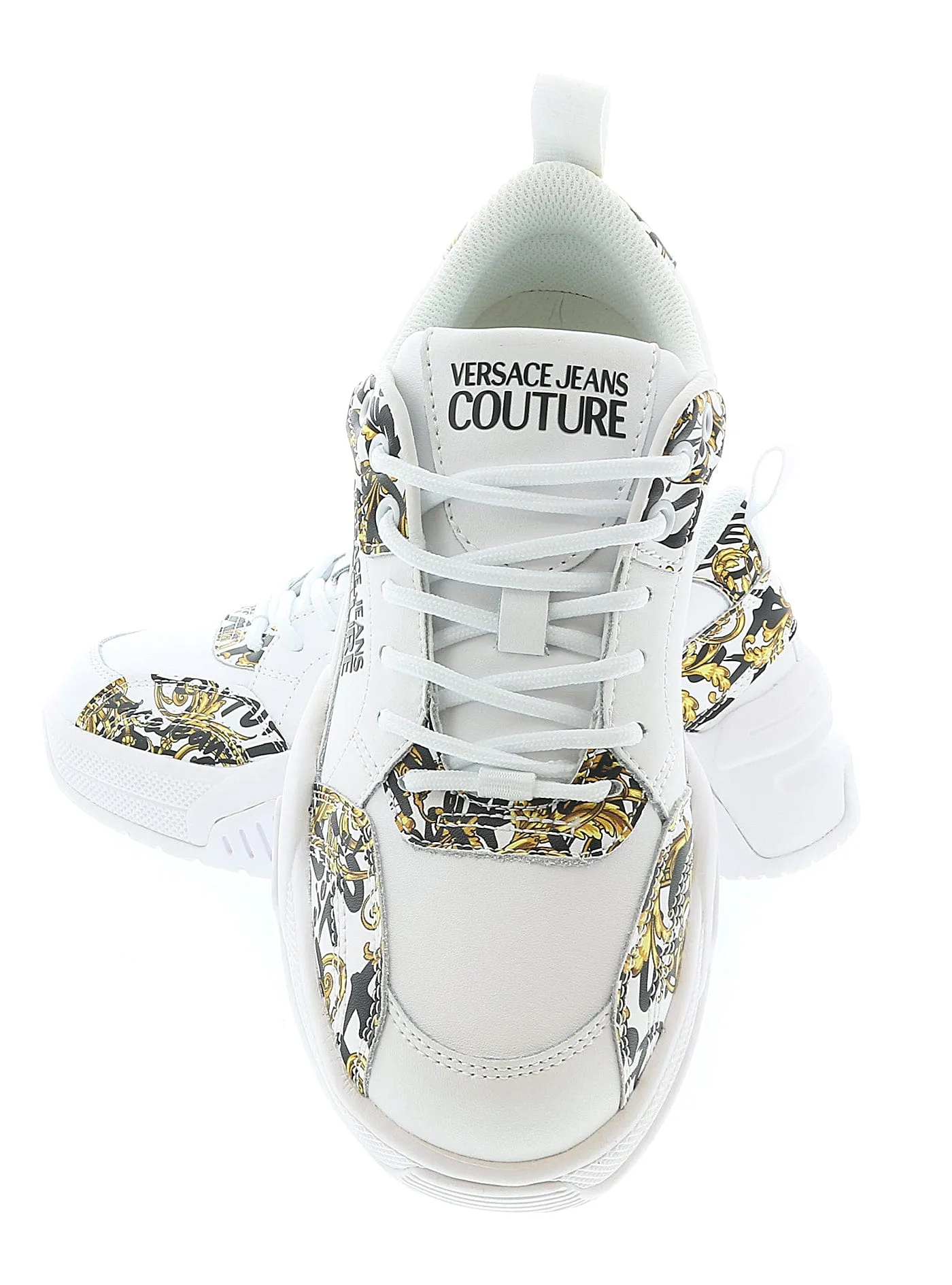 Versace Jeans Couture White/Gold Baroque Print Trim Lace Up Sneakers-