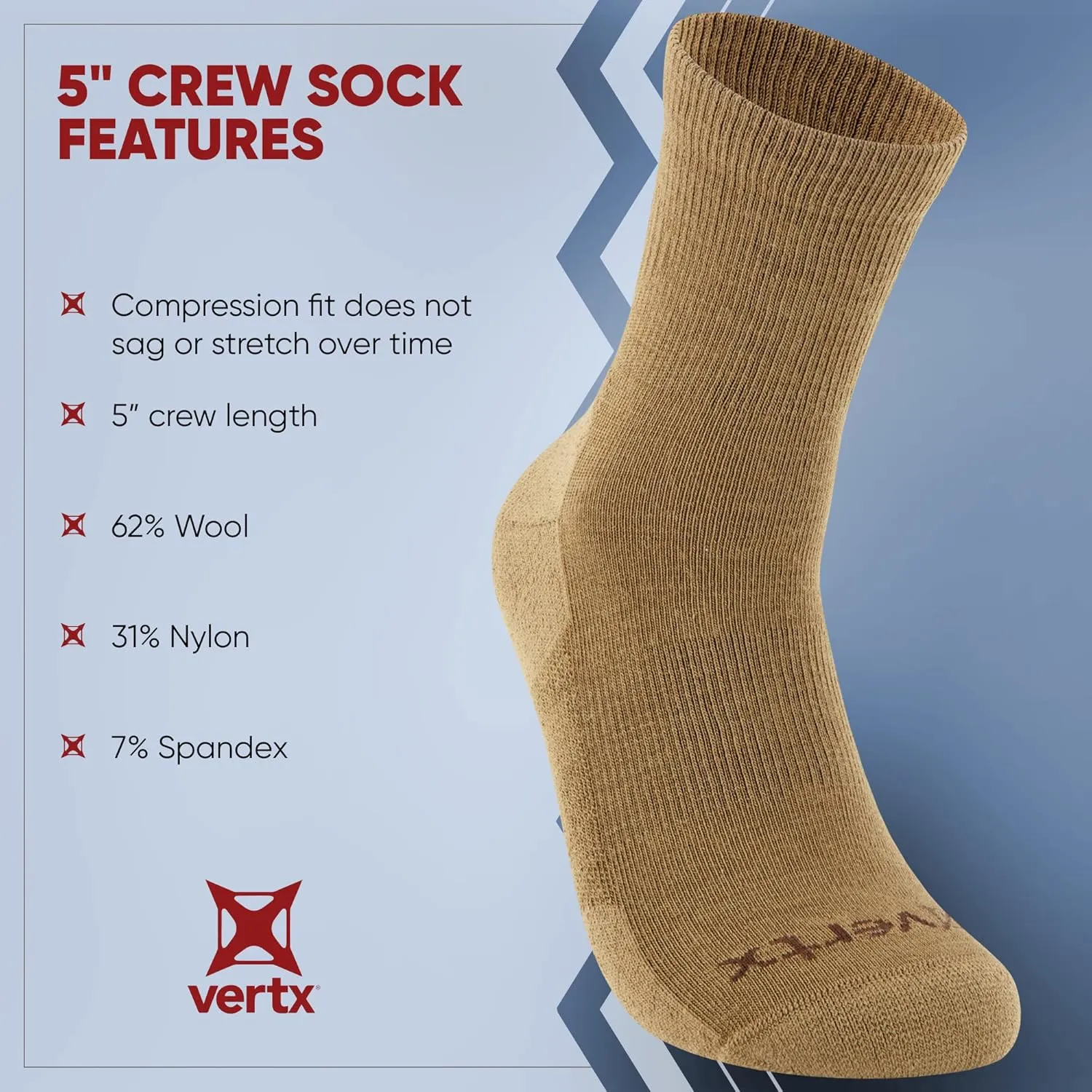 Vertx Men's Vaporcore Military Crew 5”, Tactical Moisture Wicking Merino Wool Socks with Odor Control