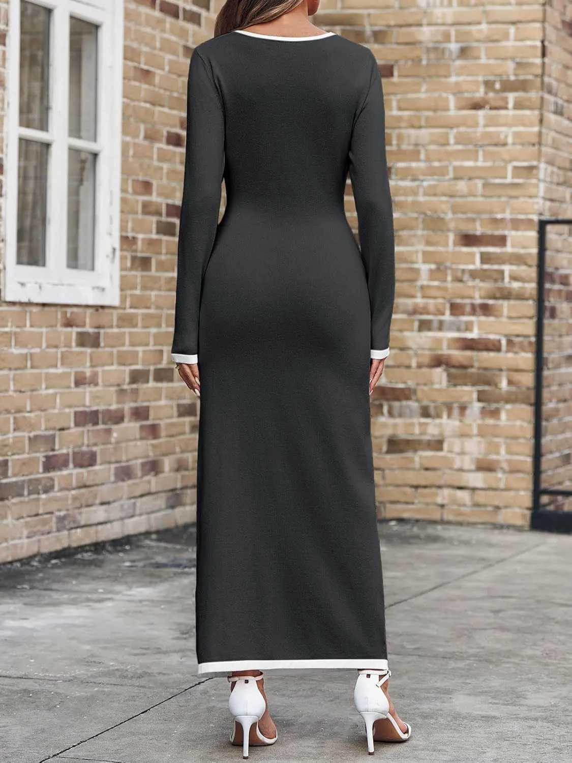 Wenrine Womens Cut Out Knit Maxi Dress Fall Long Sleeve Casual Bodycon Sweater Dresses