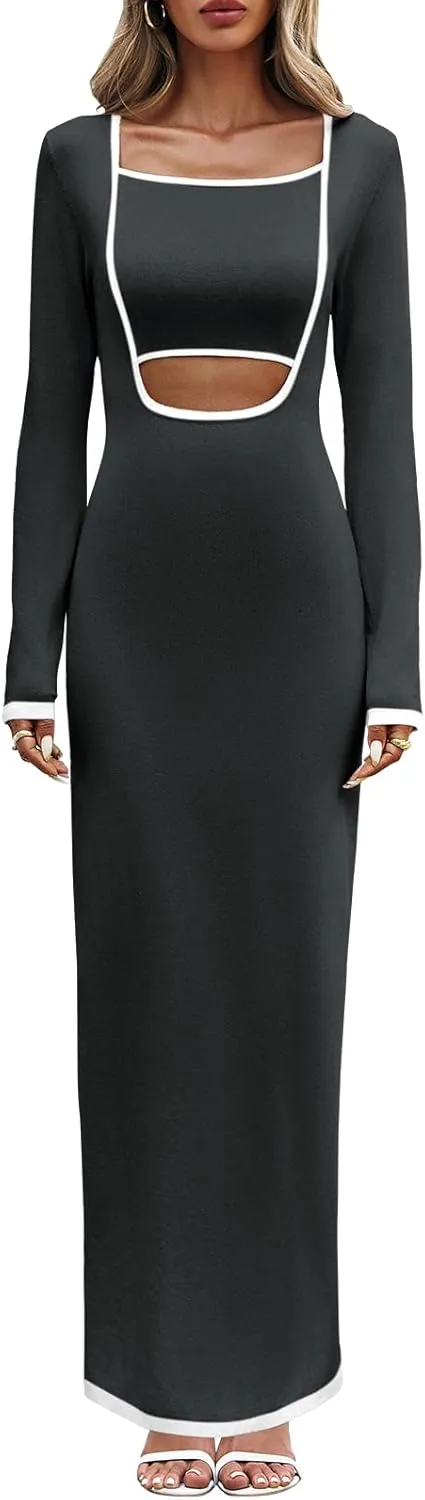 Wenrine Womens Cut Out Knit Maxi Dress Fall Long Sleeve Casual Bodycon Sweater Dresses