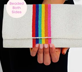 WHITE 🌈 Rainbow Stripe Beaded Fold Over Clutch