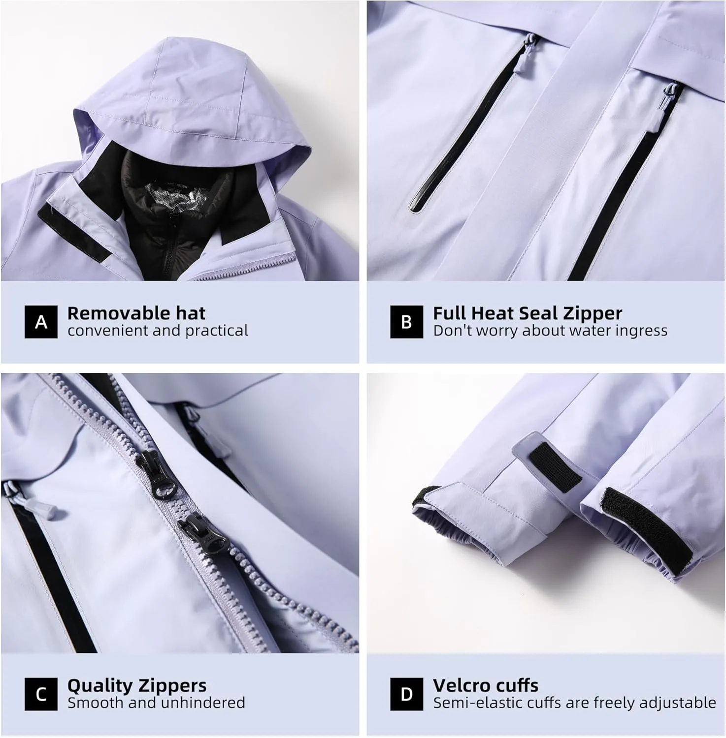 Women's 3-in-1 Hooded Waterproof Jacket Rain Jacket Ski Hiking Jacket Softshell Fleece Lined